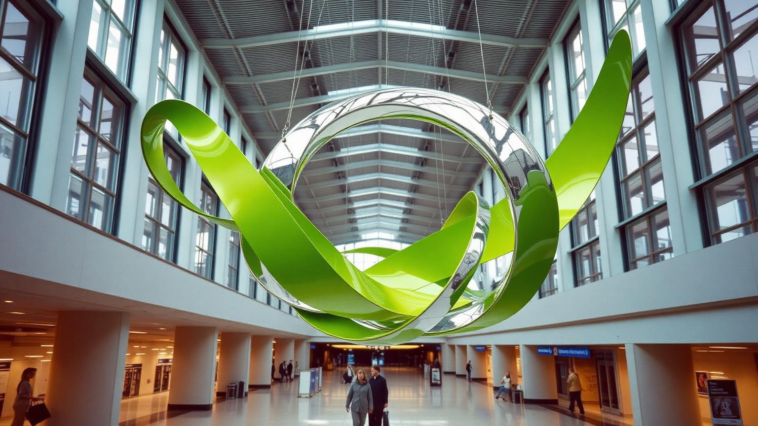 Sculptural art installation lit inside an airport terminal concourse