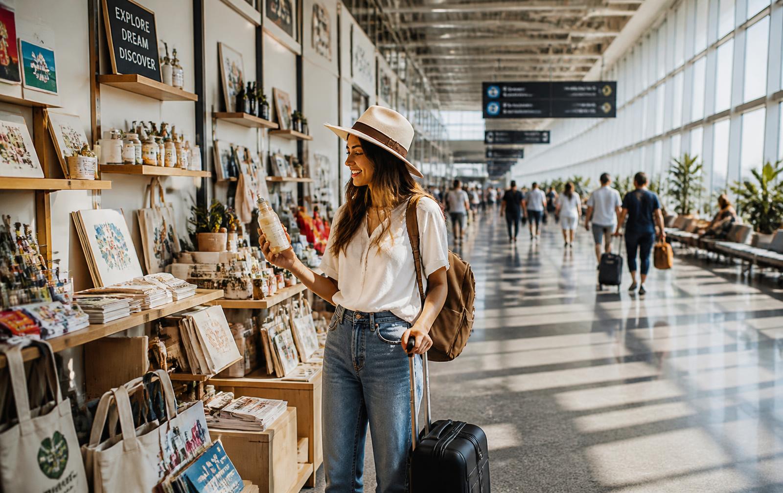 Traveler browsing a sunlit airport design shop